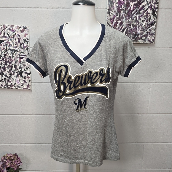 5th & Ocean Gray And Royal Blue Brewers V-Neck Tee - Picture 2 of 10